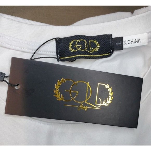 Rare Gold Leaf Large White Black Strap Design Crew Neck Designer T-Shirt - Picture 8 of 12